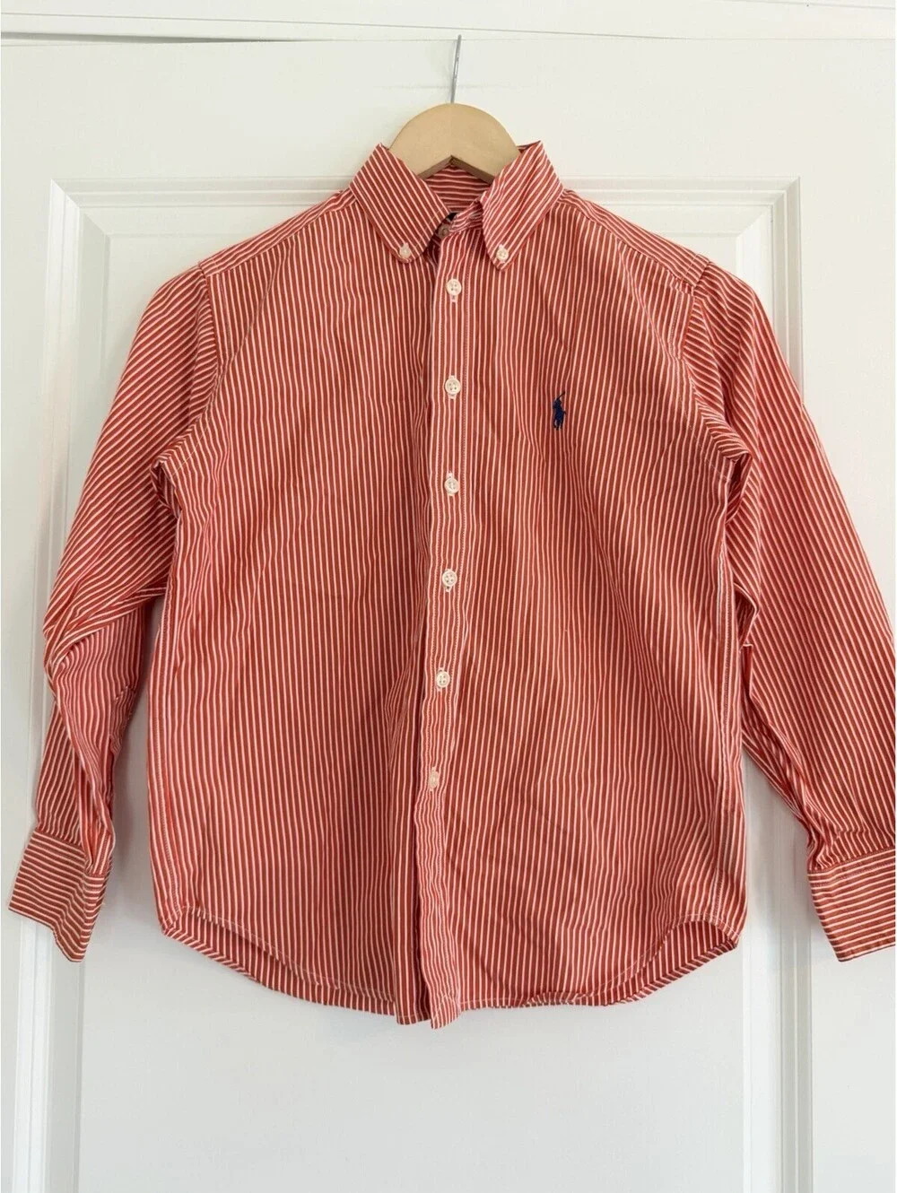 Ralph Lauren Kids Striped Button-Up Shirt Orange/White Boy’s Size S 8/10 Preppy